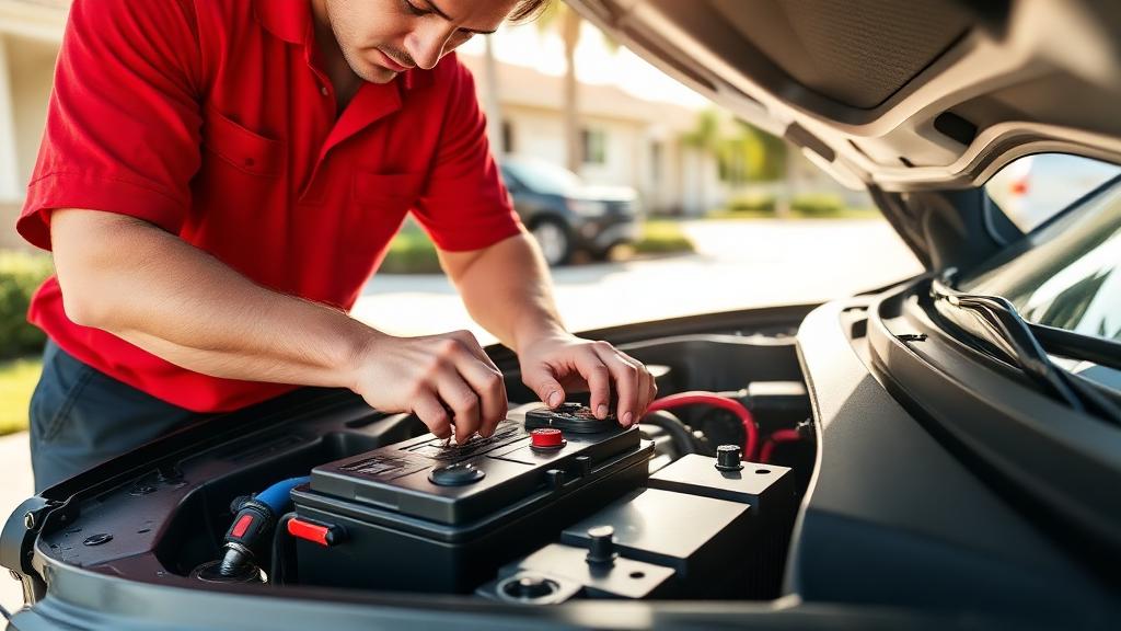 Mobile mechanic replacing a car battery on-site, highlighting the efficiency of mobile auto repair services