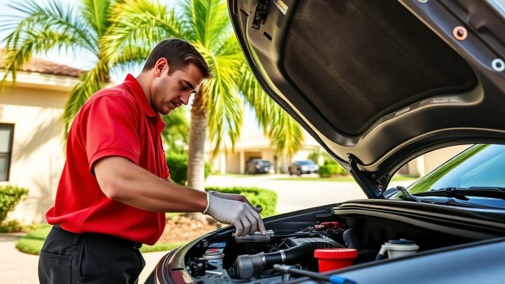 Mobile mechanic performing an oil change in a driveway, showcasing convenience and professional service
